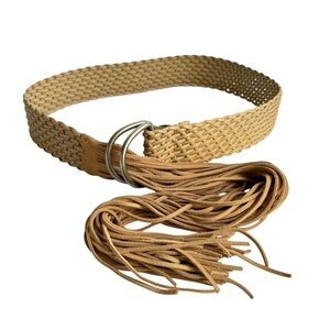 Vintage Woven Fringe Belt Tan Suede Boho Western Cowgirl Womens Medium / Large